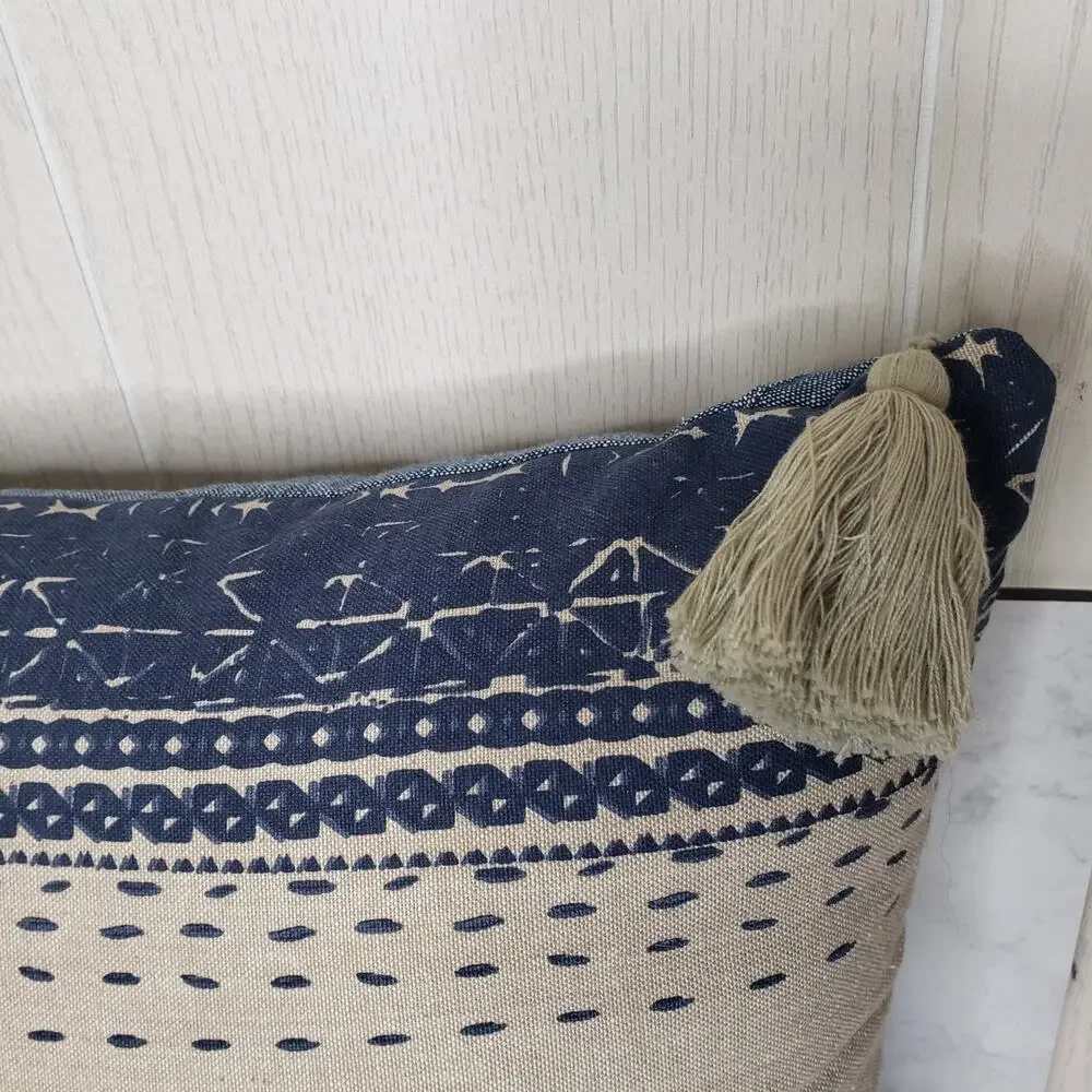 Carol& Frank blue and cream tassel striped printed decorative throw pillow 18X18